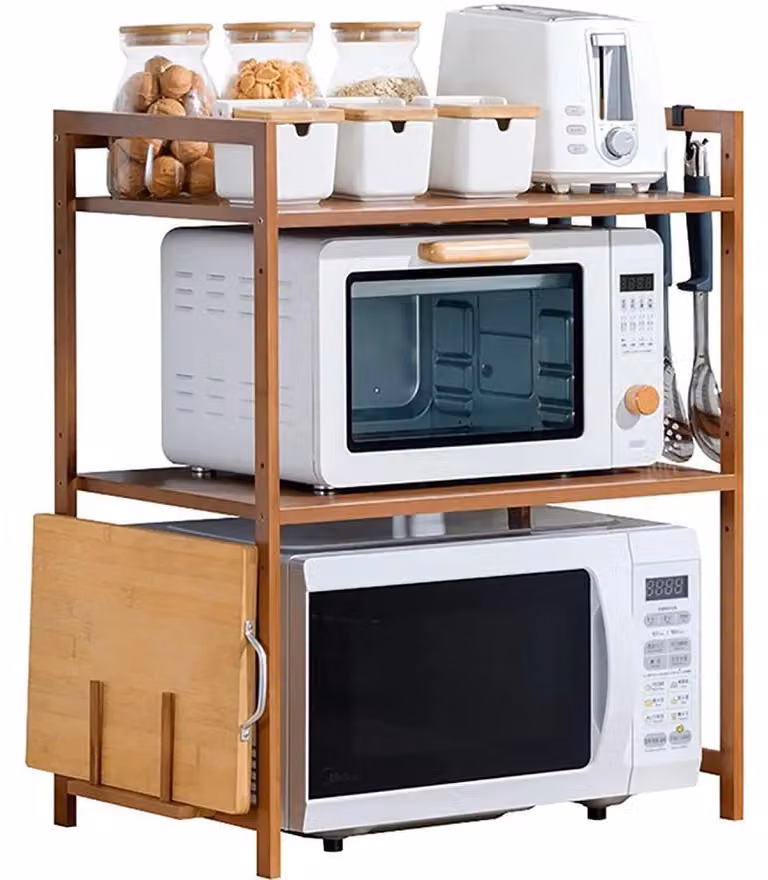 Scaffale da cucina - Scaffale per microonde - Bambù - 2 ripiani - 4 ganci - 55×35×67 cm XL - Colore legno naturale