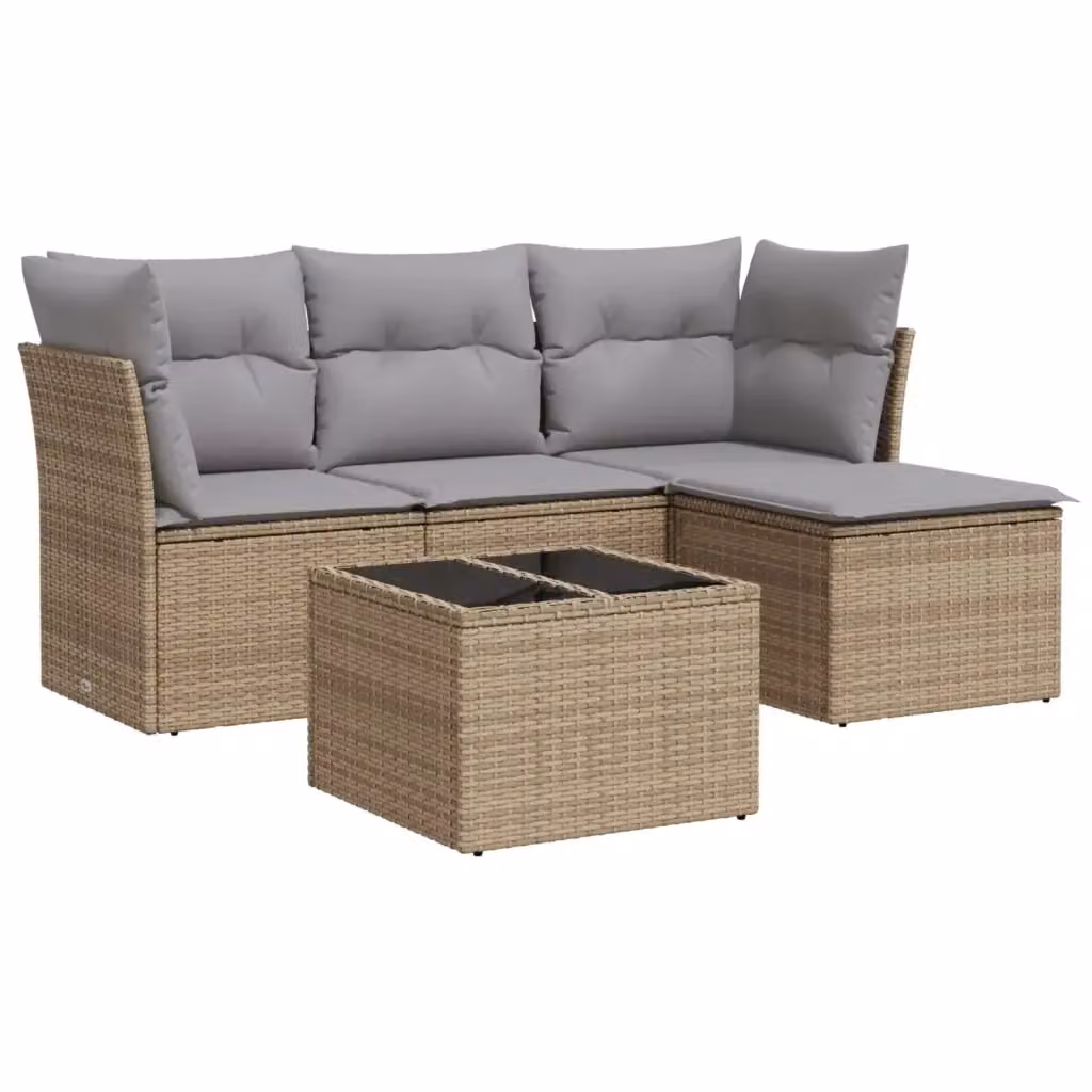 vidaXL Set Divano da Giardino 5 pz a L in Polyrattan Beige con Cuscini e Tavolino – 2
