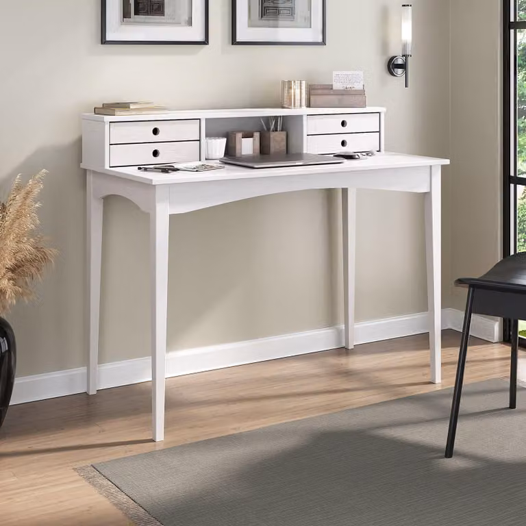 Scrivania MILANO con 4 cassetti e 1 ripiano, bianco, in legno massiccio, finitura robusta Scrivania per PC con spazio di archiviazione per l'ufficio e lo studio domestico