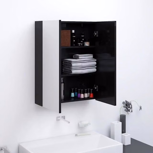 Armadietto da bagno con specchio Design Mania in MDF nero lucido L: 60 cm, P: 15 cm, H: 75 cm – 1