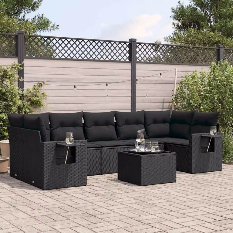 Set di divani da giardino vidaXL in polyrattan nero con 8 pezzi e cuscini inclusi