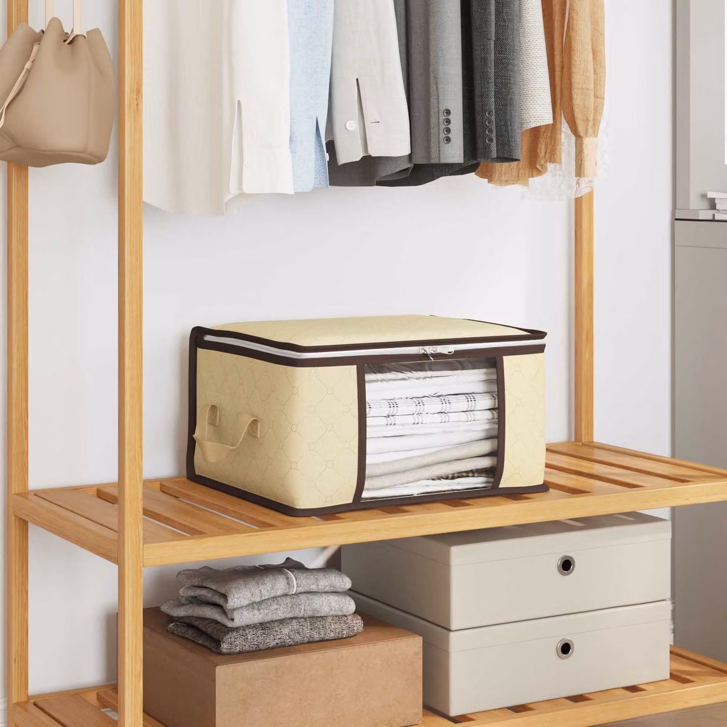 Scatola di stoccaggio pieghevole vidaXL in tessuto beige con maniglie e finestra trasparente L: 43 cm, P: 34 cm, H: 23 cm