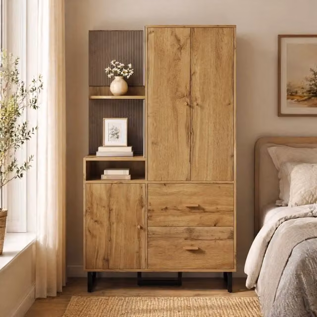 Armadio da ingresso moderno REDOM in MDF e metallo con cassetti interni e appendiabiti, L: 110 cm, H: 186 cm, P: 38 cm, Nero e Marrone