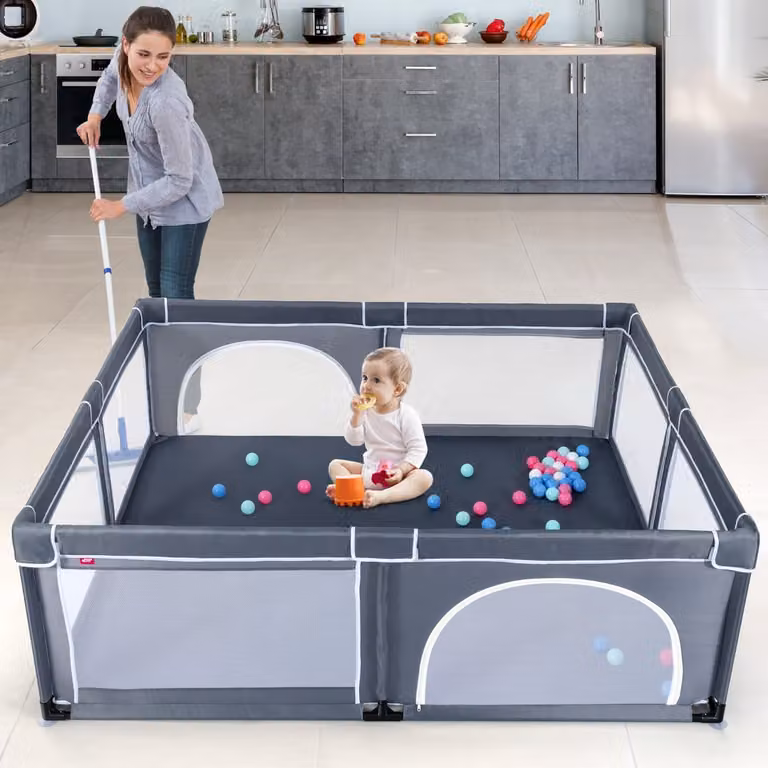 Centro attività portatile Costway con cancelli di sicurezza per bambini, Grigio scuro, L: 206 cm, P: 185,5 cm, H: 68 cm