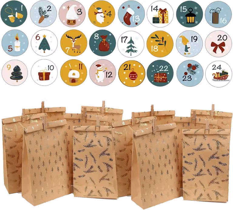 Calendario dell'Avvento da riempire personalmente: 24 sacchetti di carta marrone da riempire a piacere e adesivi con i numeri