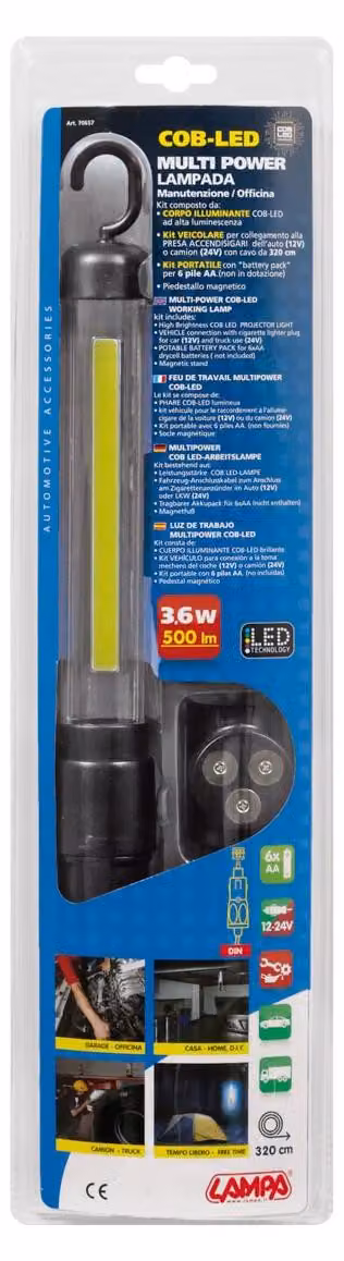 LAMPADA A LED PORTATILE 500 lumen, 3,6W, 7000K, con gancio magnetico, ideale come lampada da lavoro o per ispezioni