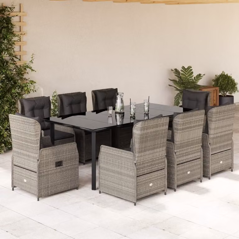 vidaXL Set Pranzo da Giardino 9pz in Polyrattan con Piano in Vetro e Cuscini Grigio Chiaro