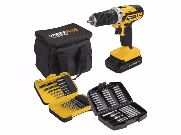 Trapano a batteria Powerplus POWX00840 con avvitatore a impulsi + 53 accessori