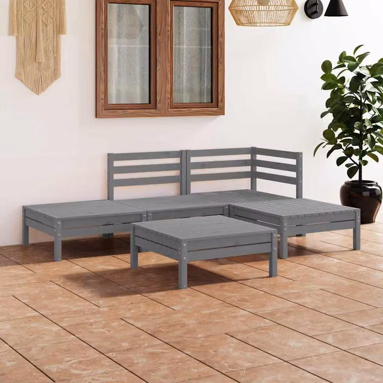 Set Salotto da Giardino vidaXL 5 pz in Legno di Pino Grigio con Cuscini e Configurazione a L