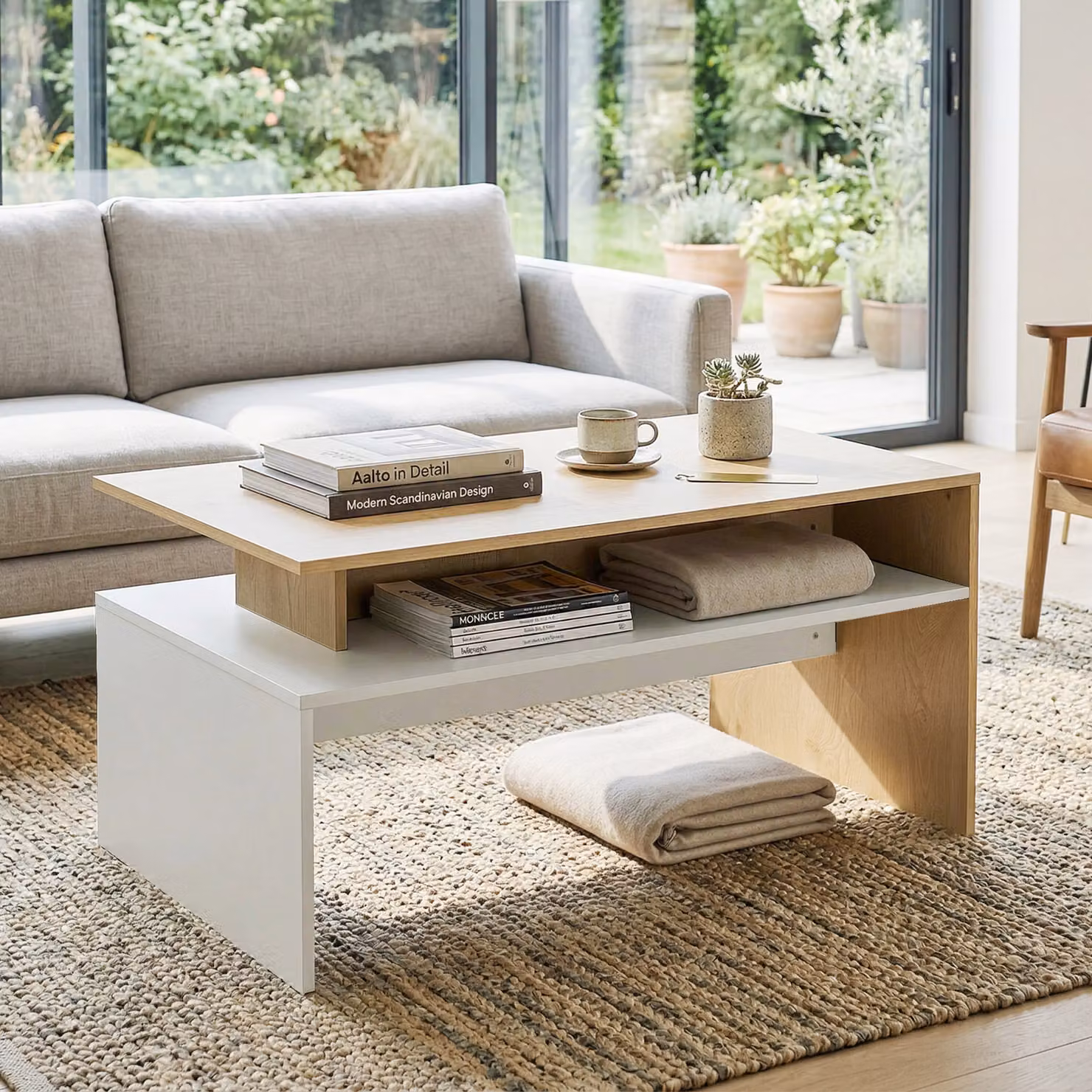 Tavolino da soggiorno moderno HOMCOM con mensola sfalsata in legno e MDF, bicolore bianco e beige – 2