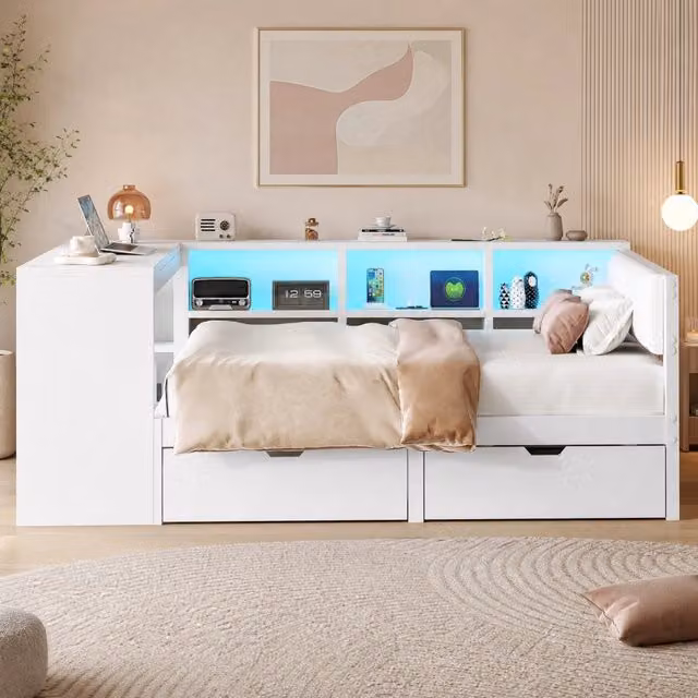 Letto piattaforma ULEVR 140x200 cm con 2 cassetti, LED a 7 colori, prese e USB, bianco