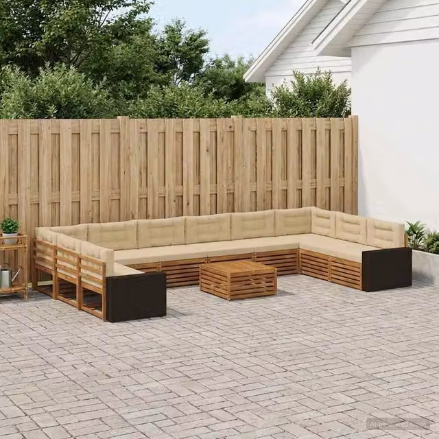 Set di divani da giardino vidaXL in legno di acacia massello con cuscini beige e marroni, 11 pezzi