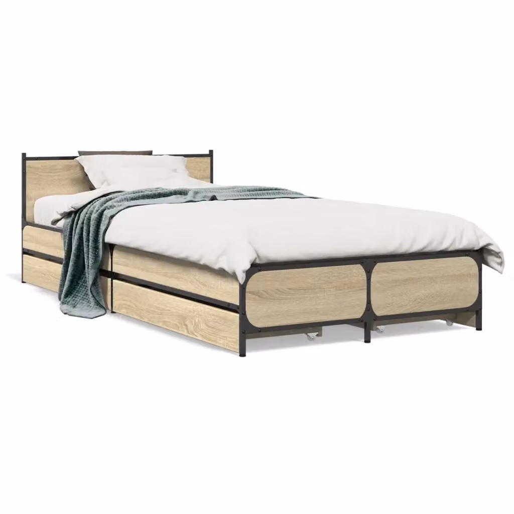 Letto con cassetti vidaXL in legno e metallo Rovere Sonoma, L: 193 cm, P: 78 cm, H: 56,5 cm – 2