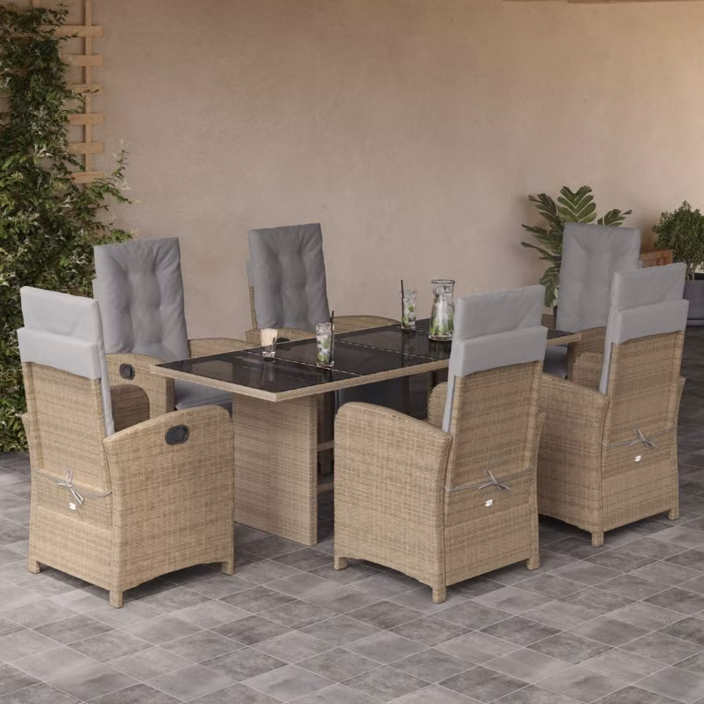 vidaXL Set da Pranzo da Giardino 7 pz in Polyrattan con Cuscini Beige e Tavolo in Vetro – 1