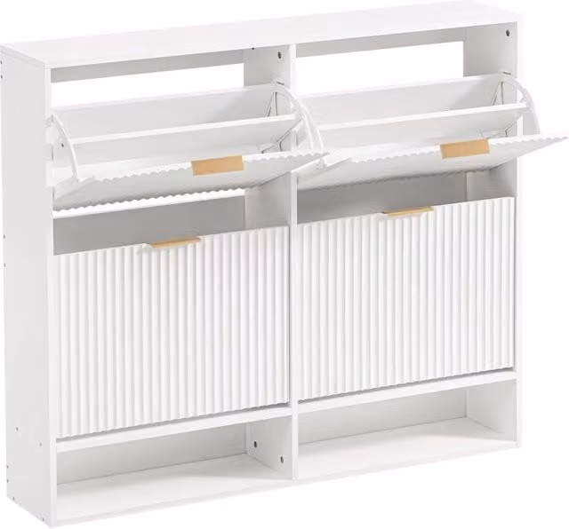 Scarpiera moderna a parete con 2 ante a ribalta e ripiani interni in MDF bianco L: 120 cm, P: 24 cm, H: 102 cm