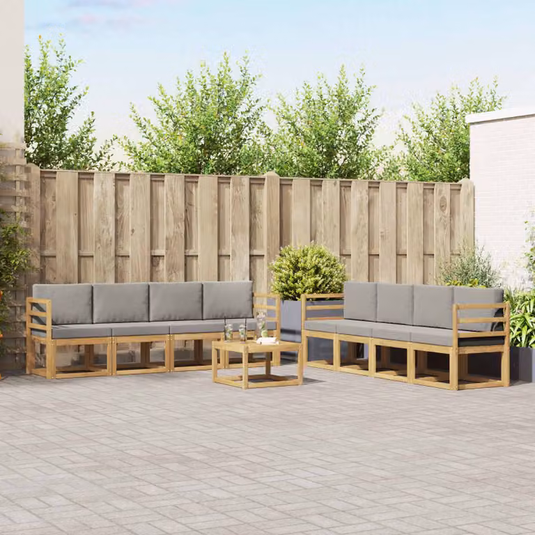 Set di divani da esterno a L vidaXL da 9 pezzi in legno di acacia con tavolino e cuscini, Bianco, Grigio e Marrone