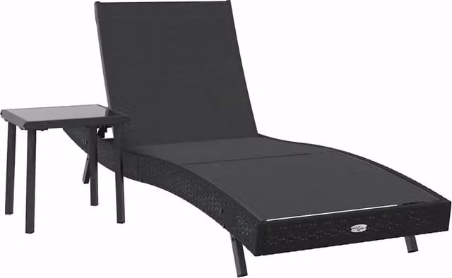 Set di 2 lettini prendisole in polyrattan nero con poggiatesta regolabile e vassoio laterale per giardino e terrazza