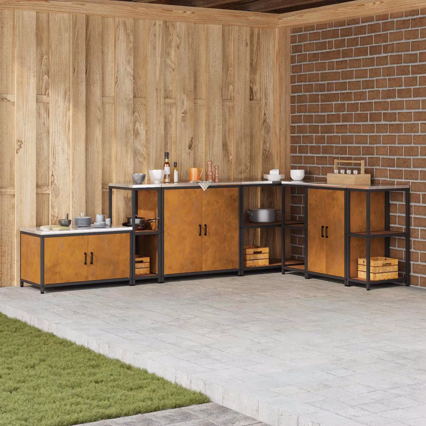 Unità di scaffali per cucina e giardino vidaXL HATTEM in metallo marrone opaco H 92 x L 30 x P 50 cm