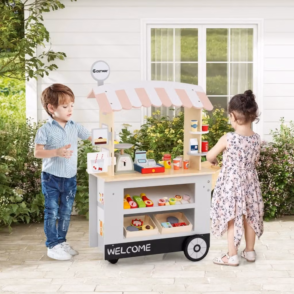 Carrello della spesa giocattolo Design Mania in legno con bilancia e ripiani, Grigio chiaro – 2