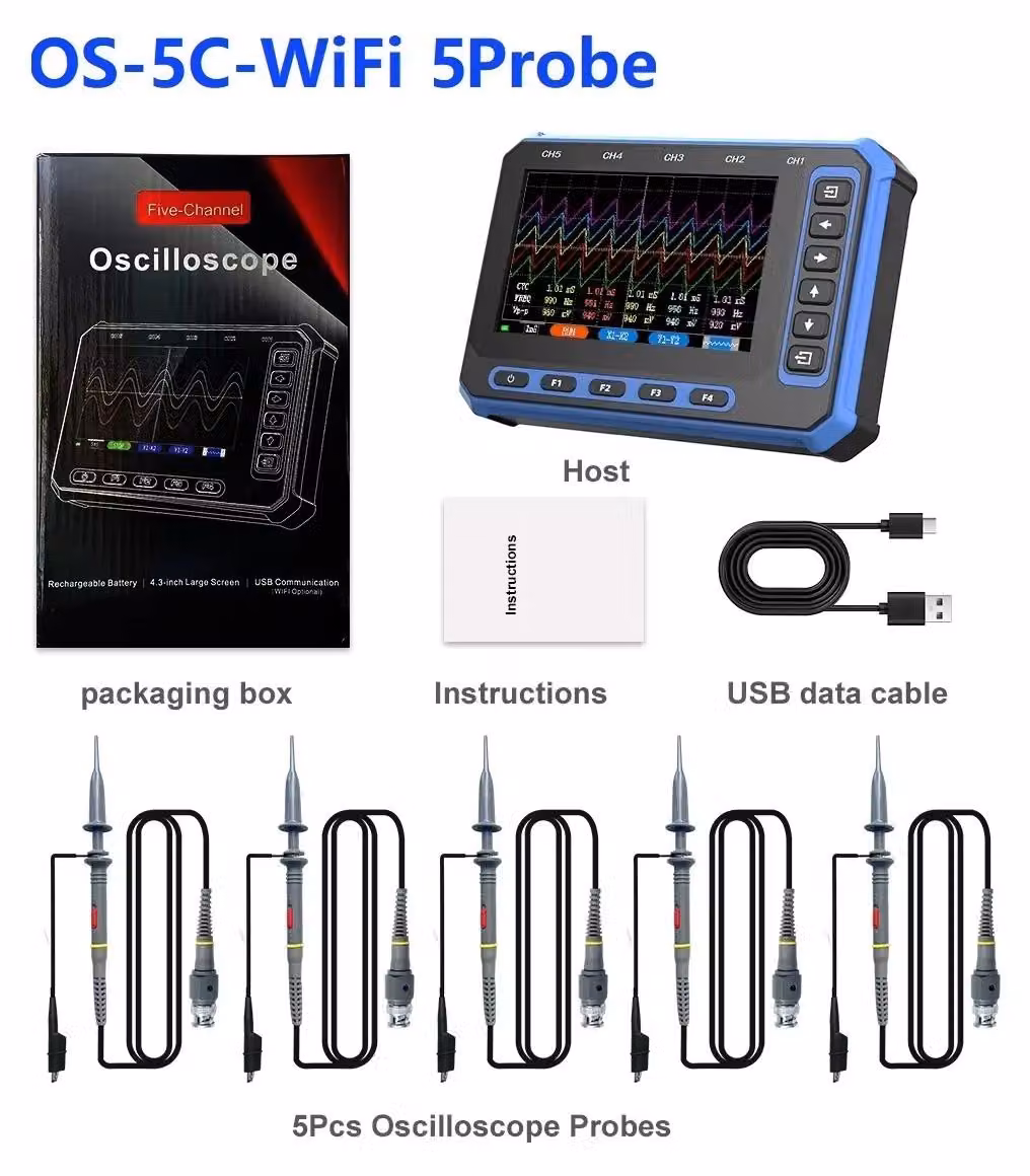 Oscilloscopio digitale - OS-5C-WiFi - 5 sonde di misura - Wi-Fi 2,4/5 GHz - Larghezza di banda di 1 MHz - Display IPS da 10,9 cm - Batteria rimovibile