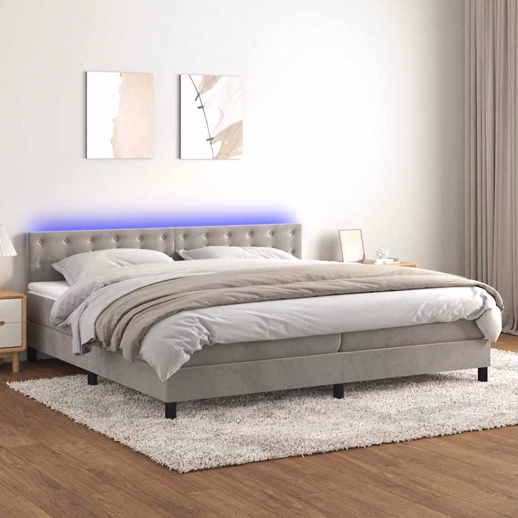 Letto Ibrido con Materasso e LED vidaXL in Velluto Grigio Chiaro 200x200 cm – 1