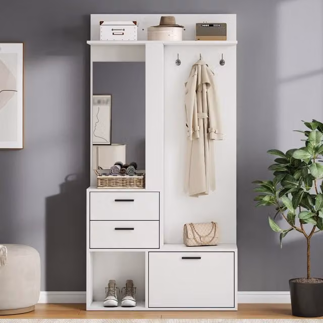 Armadio guardaroba REDOM bianco con specchio, cassetti e ripiani, L: 90 cm, P: 30 cm, H: 180 cm