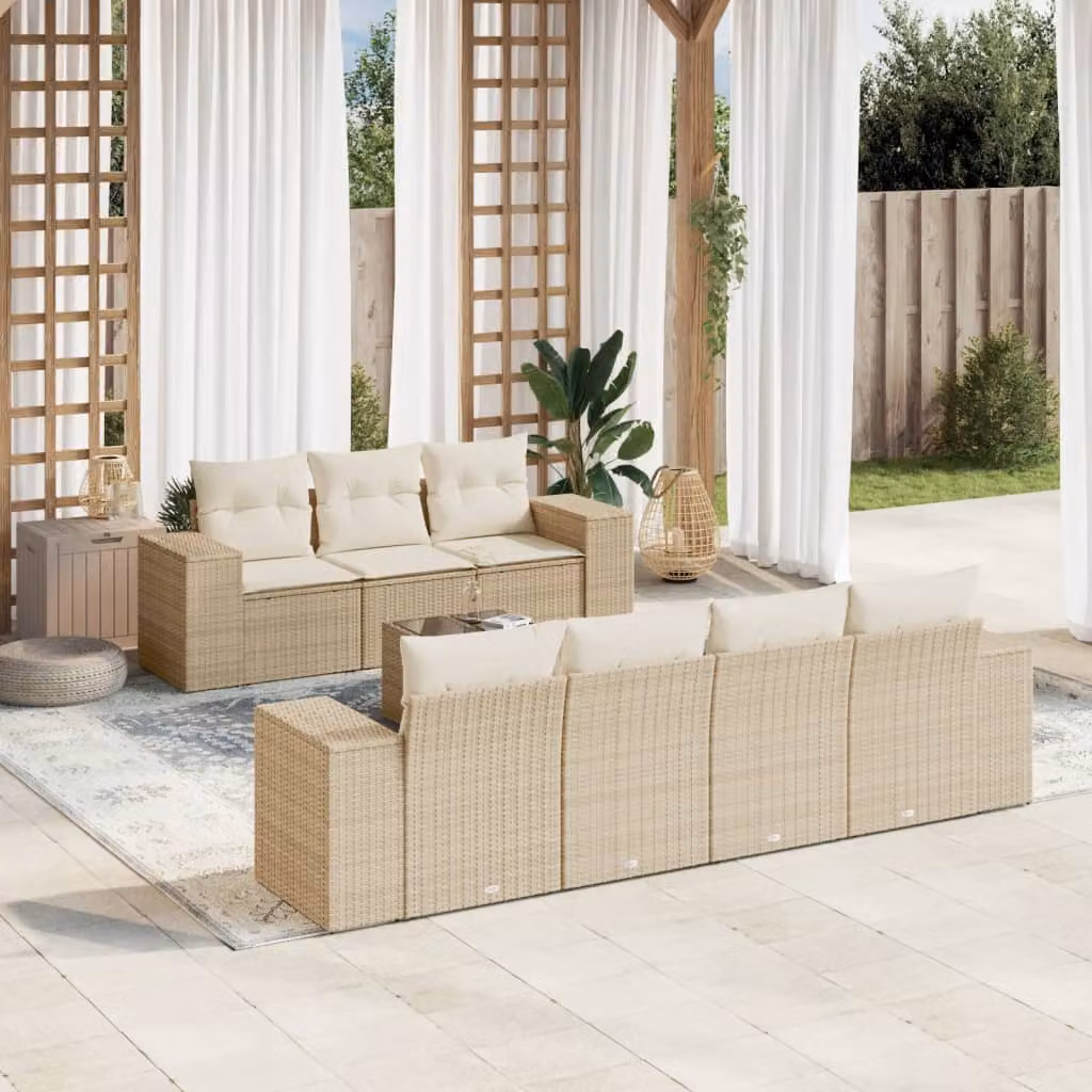 Set Divano da Giardino a L vidaXL 8 pz con Cuscini Beige e Tavolino in Vetro con Struttura in Acciaio e Polyrattan – 1