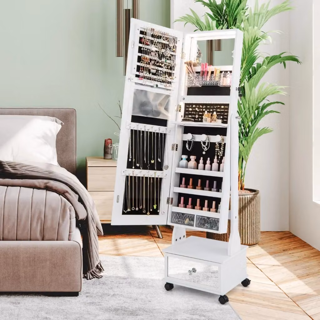 Armadio portagioie DESIGN IN bianco con luci LED, specchio e ripiani, Altezza: 159 cm – 2