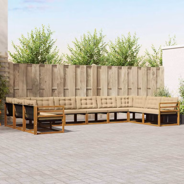 vidaXL Set di divani da esterno a forma di U composto da 10 pezzi in legno di acacia e tessuto textilene, Colore Marrone e Beige