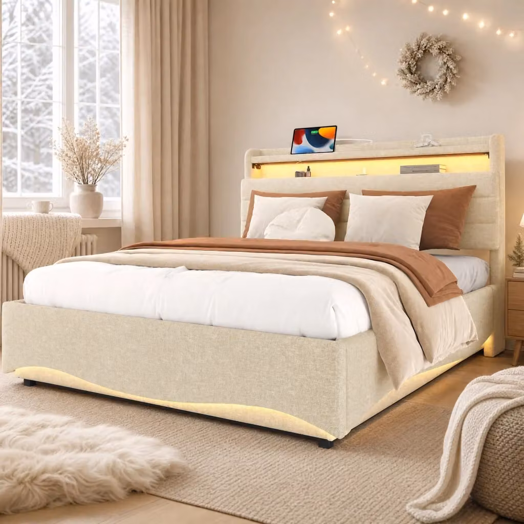 Letto Contenitore REDOM in Tessuto Beige con Illuminazione LED, Porte USB e Type-C, L/P: 140 x 200 cm – 2