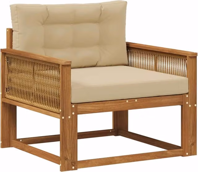 Divano centrale da esterno in legno di acacia con cuscini beige e marrone CFW9642277 – 1