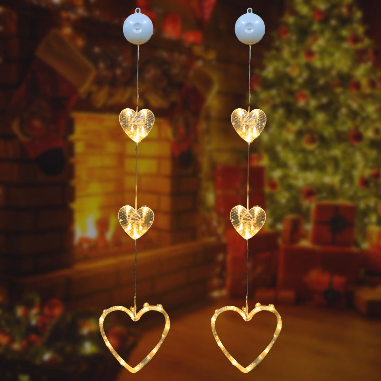 Set di 2 catene luminose a forma di cuore, alimentate a batteria, luce bianco caldo