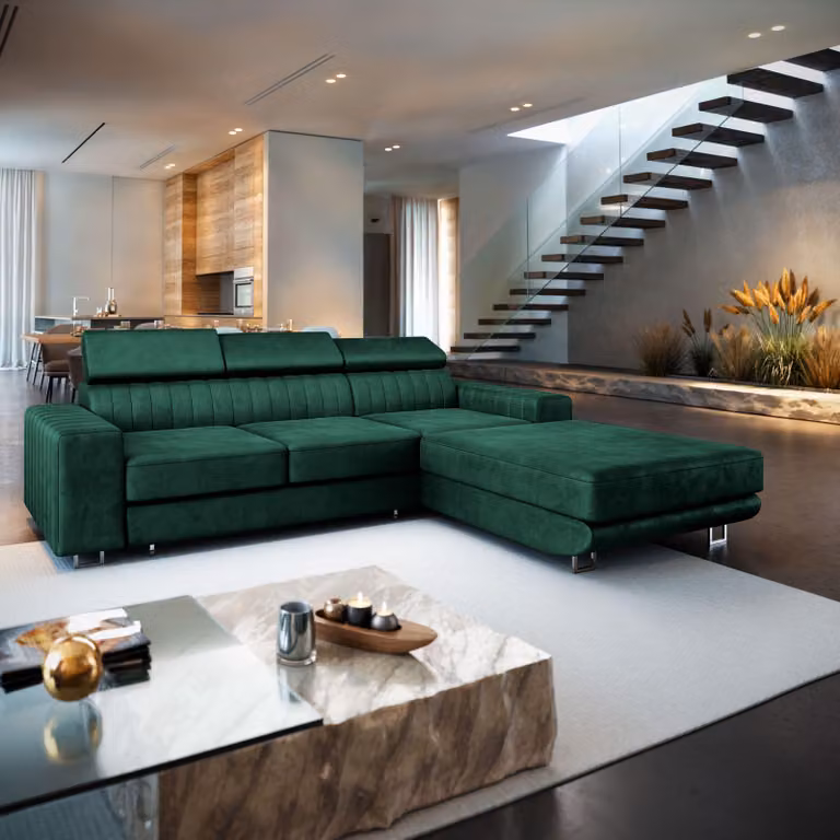 Divano angolare Masseno NOTO R-S con funzione letto a L, divano con box letto, divano da soggiorno, divano, divano letto, set di divani - verde, MONOLITH 37
