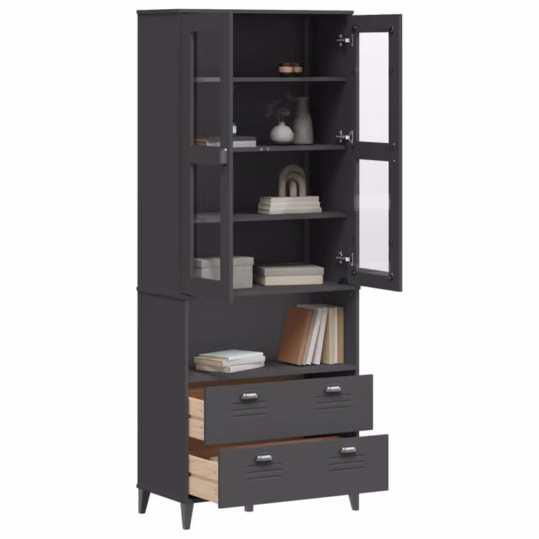 Credenza vidaXL VIKEN in legno massello di pino con ante in vetro, Grigio Antracite, L 80 cm x P 40 cm x H 200 cm