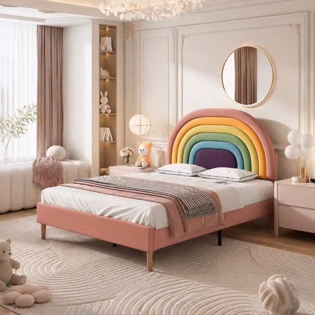 Letto imbottito MODFU in velluto rosa con rete a doghe in legno L/P/H: 140 x 200 cm