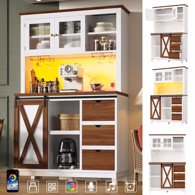 Armadio alto moderno bianco con illuminazione LED e controllo app, credenza con anta scorrevole e 3 cassetti, per cucina o sala da pranzo