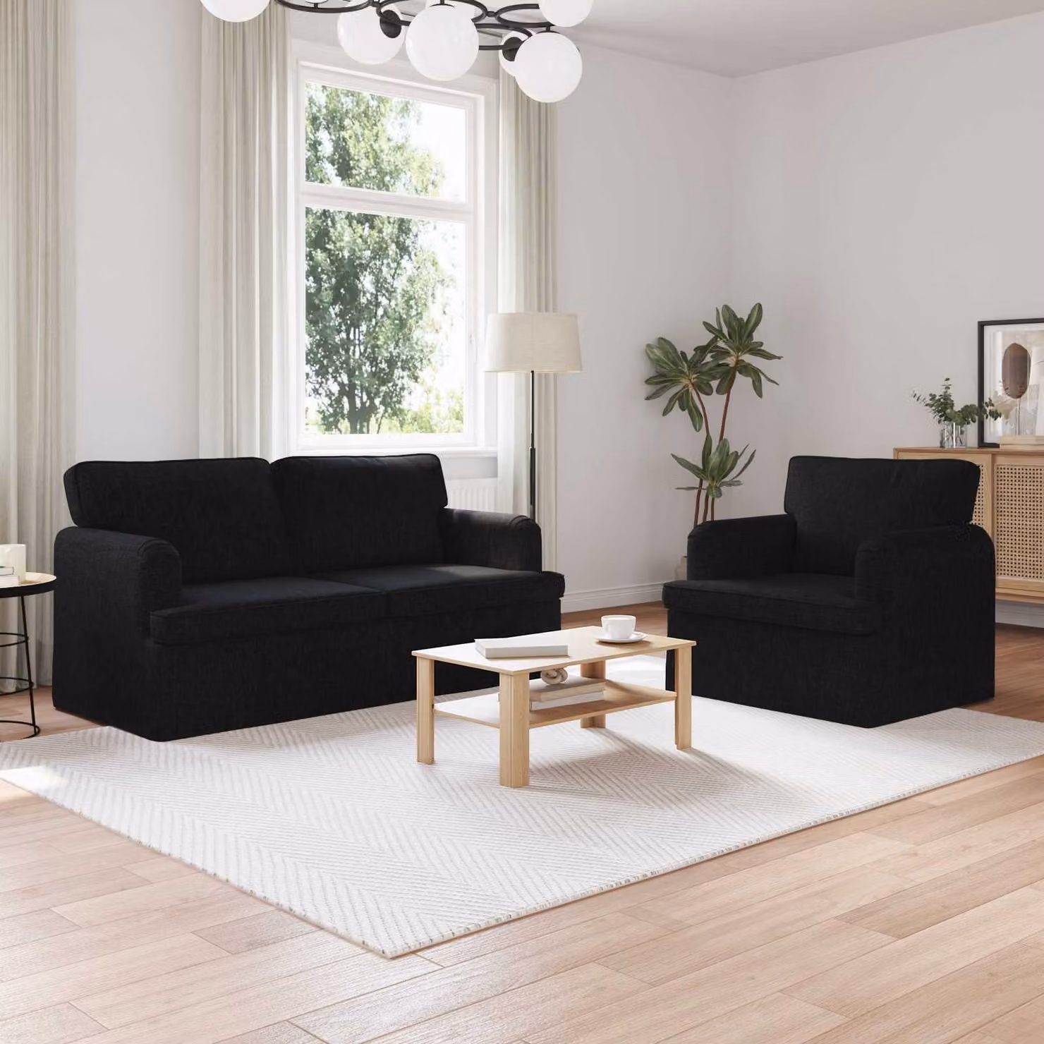 Set di 2 divani vidaXL moderni in tessuto nero con struttura in metallo L: 162 cm, P: 80 cm, H: 85 cm – 1