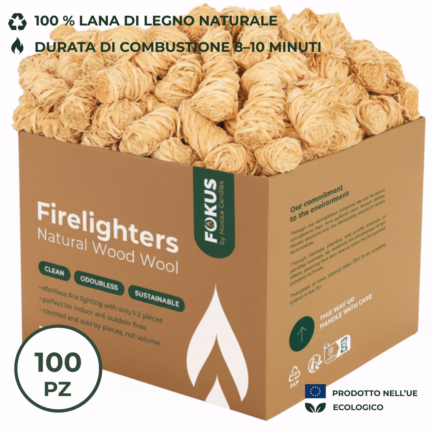 HORECA CANDLES Accendifuoco Naturali Fokus Firelighters 100 pz – lana di legno e cera, senza odore e fumo, per camino, griglia, stufa e barbecue