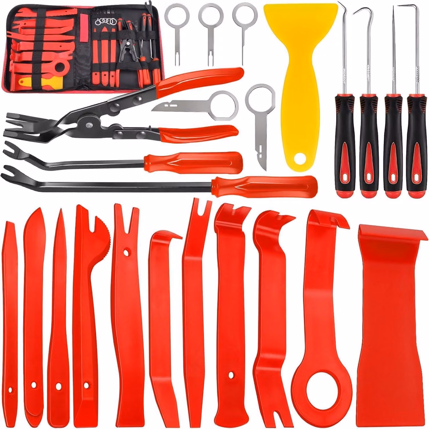 Set di 24 utensili per lo smontaggio, in plastica, per l'interno dell'auto, colore rosso