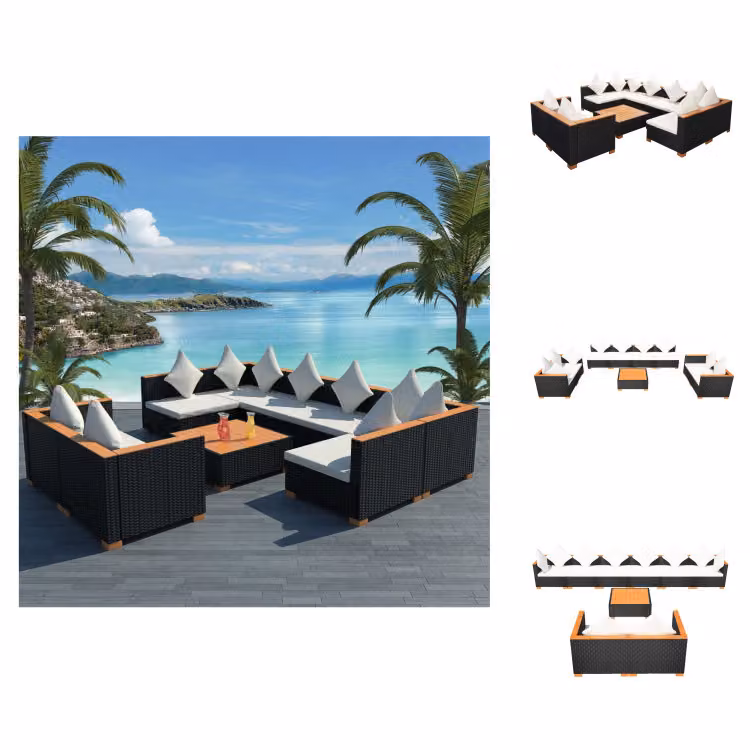 vidaXL Set 9 pezzi da giardino con cuscini in poly rattan nero - Set di mobili da giardino