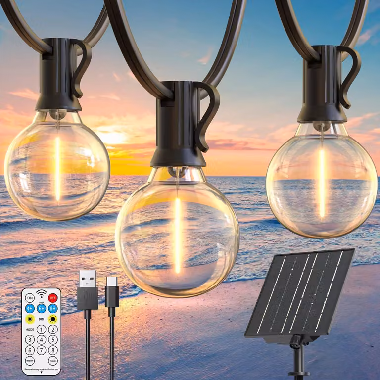 Catena luminosa solare, 18 metri, 25+2 lampadine LED G40, 8 modalità, telecomando, timer, grado di protezione IP44