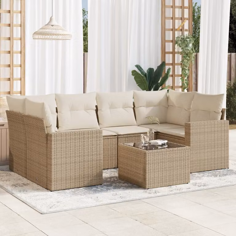 vidaXL Set Divani da Giardino 7 pz in Polyrattan con Cuscini Beige e Tavolino da Esterno
