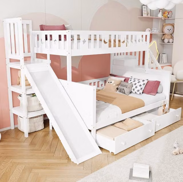Letto a castello per bambini 90x200/140x200 cm con scivolo; scala di sicurezza e 2 cassetti; bianco