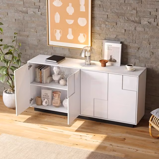 Madia da soggiorno con 4 ante geometriche ad apertura a pressione in truciolare bianco e nero 160 × 37 × 75;5 cm