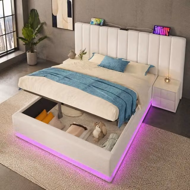 Letto matrimoniale imbottito 160x200 cm con contenitore; LED 360掳; USB e Type-C; bianco