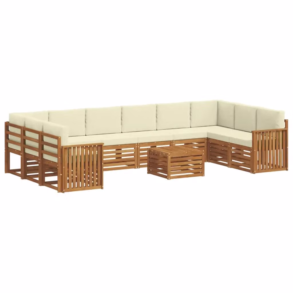 Set di divani da esterno a L vidaXL in legno di acacia con tavolino e cuscini, 11 pezzi, Beige e Bianco – 2