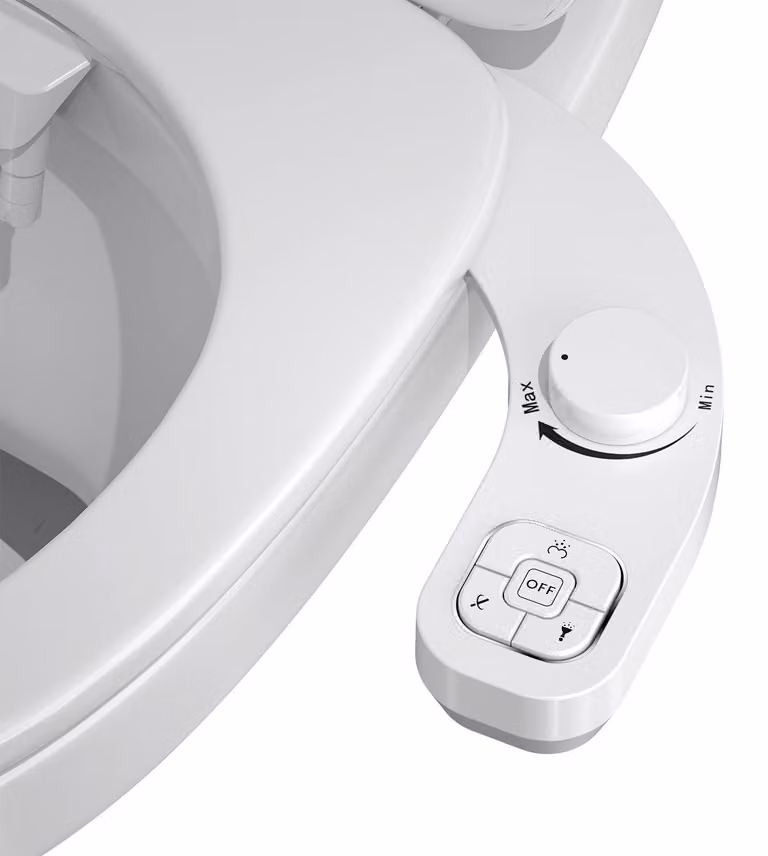 Copertura per bidet da installare sul WC, lato sinistro, con due getti, autopulente, pressione regolabile