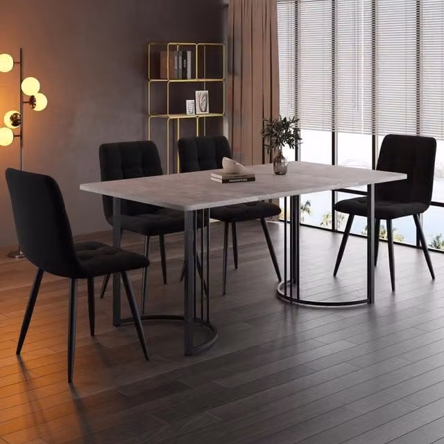 Set tavolo e 4 sedie Mivray moderno con tavolo in MDF grigio effetto marmo e sedie in velluto nero con gambe in metallo L/P/H: 140 x 80 x 75 cm