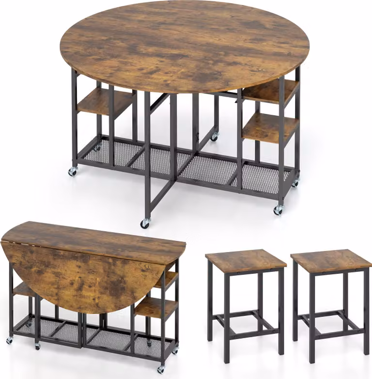 COSTWAY 3 TLG. Set da pranzo, tavolo da pranzo pieghevole con 2 sgabelli, tavolo da cucina su rotelle, tavolo da pranzo con portabottiglie e mensole, set da pranzo vintage