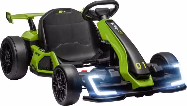 Go-kart elettrico 4V per bambini, fino a 12 km/h, go-kart con funzione drift, 2 motori, sedile regolabile, avviamento graduale.